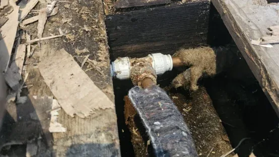 Underfloor leak investigation showing floor area and leak detection equipment